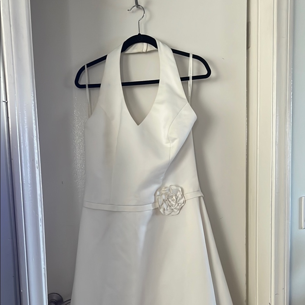 Elegant White Halter Dress with Floral Accent